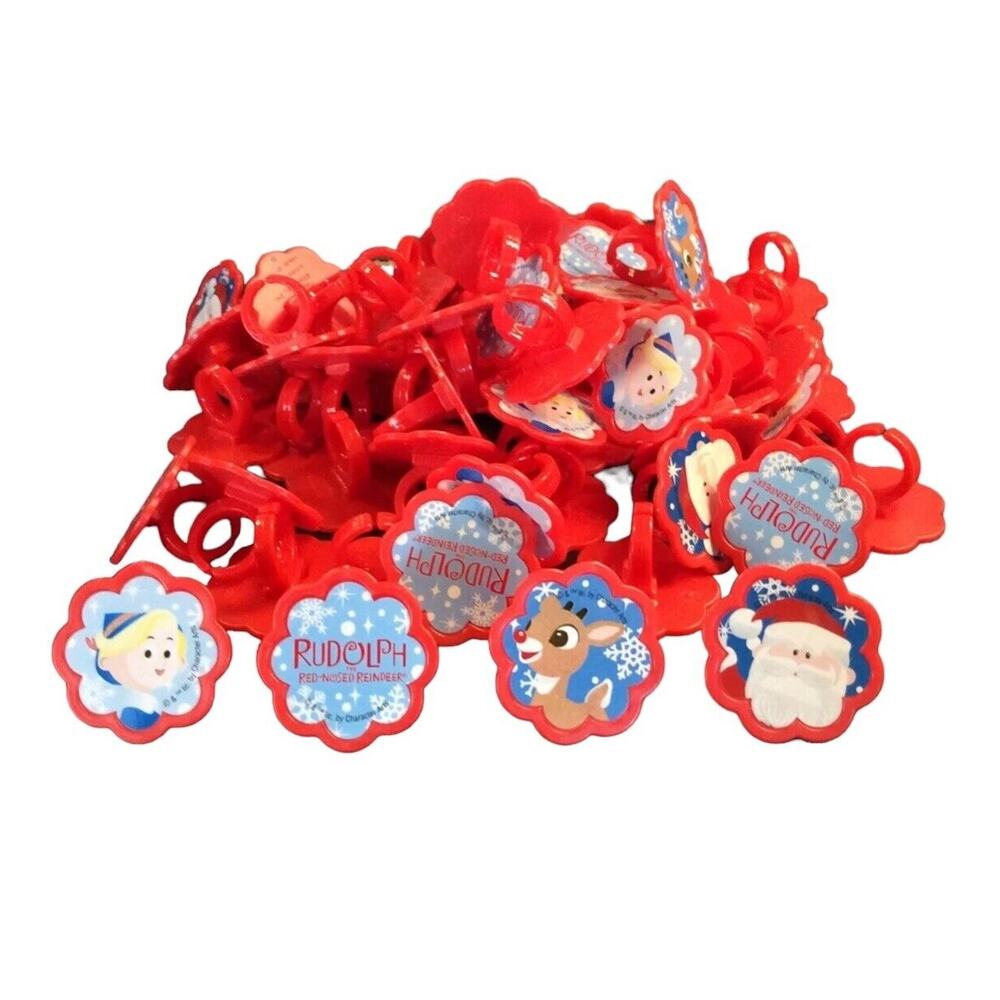 24 Rudolph the Red-Nosed‎ Reindeer Plastic Rings Classic Movie Cupcake Toppers